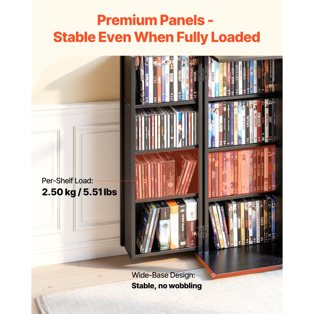 VEVOR Media Storage Cabinet, 4-Tier DVD Shelf Organizer, 24.02 x 14.49 x 33.31 in Multimedia Storage Organizer for CDs, DVDs, Books, Games, CD Shelf for Living Room, Home Office, Recording Room, Black