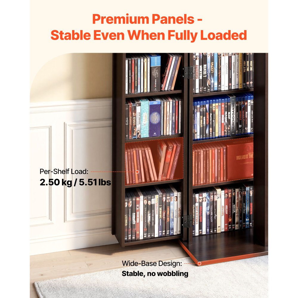 VEVOR Media Storage Cabinet, 6-Tier DVD Shelf Organizer, 24.02 x 14.49 x 50 in Multimedia Storage Organizer for CDs, DVDs, Books, Games, CD Shelf for Living Room, Home Office, Recording Room, Brown