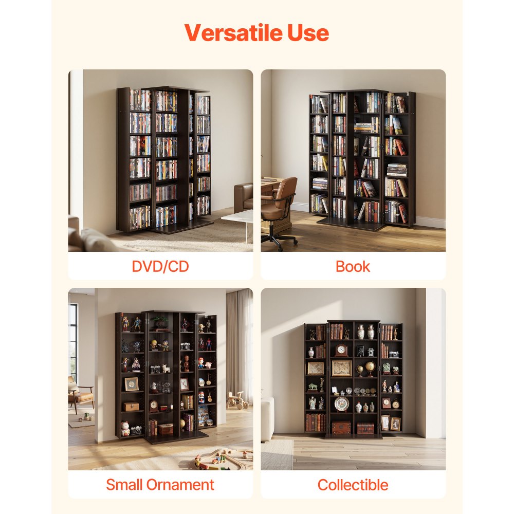 VEVOR Media Storage Cabinet, 6-Tier DVD Shelf Organizer, 24.02 x 14.49 x 50 in Multimedia Storage Organizer for CDs, DVDs, Books, Games, CD Shelf for Living Room, Home Office, Recording Room, Brown