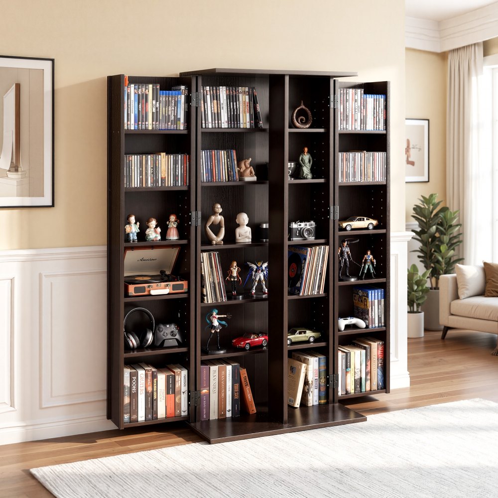 VEVOR Media Storage Cabinet, 6-Tier DVD Shelf Organizer, 24.02 x 14.49 x 50 in Multimedia Storage Organizer for CDs, DVDs, Books, Games, CD Shelf for Living Room, Home Office, Recording Room, Brown