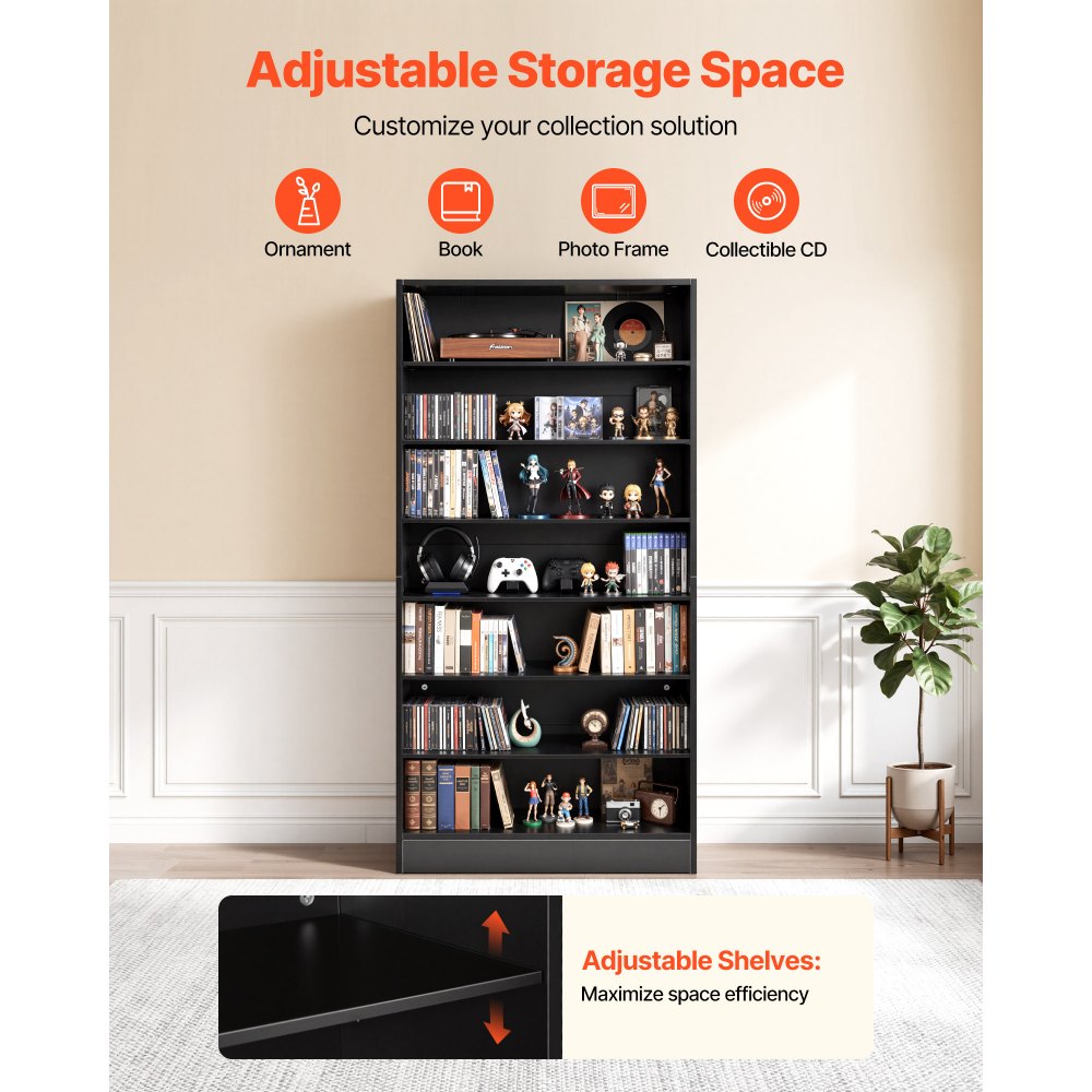 VEVOR Media Storage Cabinet, 7-Tier DVD Shelf Organizer, 27.56 x 11.81 x 55.12 in Multimedia Storage Organizer for CDs, DVDs, Books and Games, CD Shelf for Living Room, Home Office, Recording Room