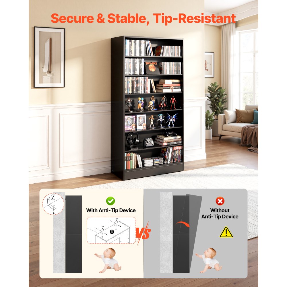 VEVOR Media Storage Cabinet, 7-Tier DVD Shelf Organizer, 27.56 x 11.81 x 55.12 in Multimedia Storage Organizer for CDs, DVDs, Books and Games, CD Shelf for Living Room, Home Office, Recording Room