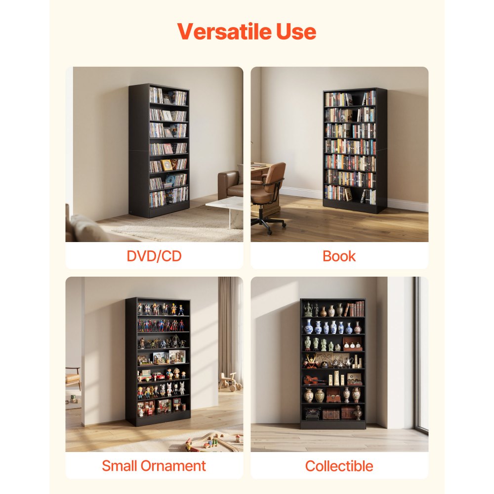 VEVOR Media Storage Cabinet, 7-Tier DVD Shelf Organizer, 27.56 x 11.81 x 55.12 in Multimedia Storage Organizer for CDs, DVDs, Books and Games, CD Shelf for Living Room, Home Office, Recording Room