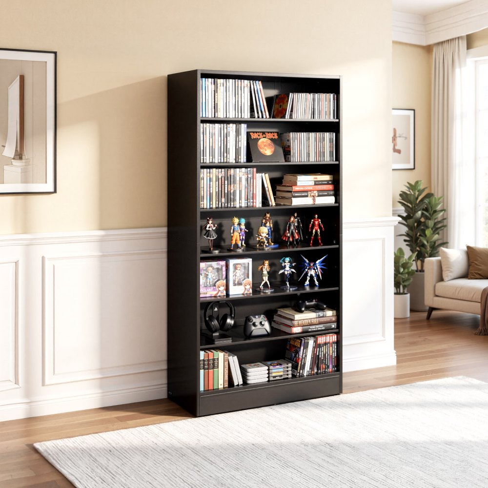 VEVOR Media Storage Cabinet, 7-Tier DVD Shelf Organizer, 27.56 x 11.81 x 55.12 in Multimedia Storage Organizer for CDs, DVDs, Books and Games, CD Shelf for Living Room, Home Office, Recording Room