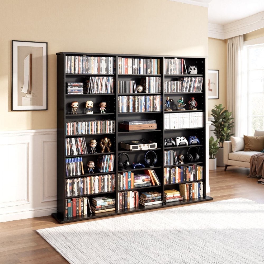 VEVOR Media Storage Cabinet, 8-Tier DVD Shelf Organizer, 55.91 x 8.66 x 51.18 in Multimedia Storage Organizer for CDs, DVDs, Books & Games, CD Shelf for Living Room, Home Office, Recording Room, Black