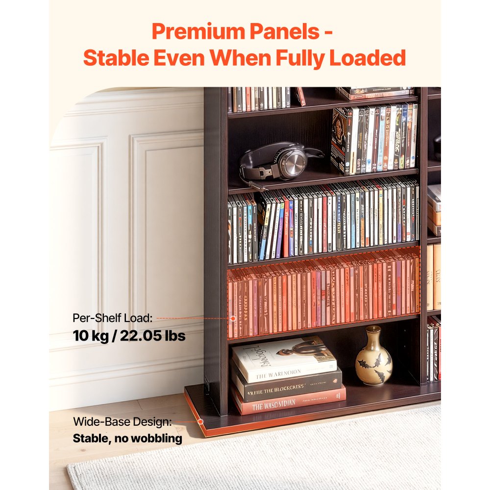 VEVOR Media Storage Cabinet, 8-Tier DVD Shelf Organizer, 55.91 x 8.66 x 51.18 in Multimedia Storage Organizer for CDs, DVDs, Books & Games, CD Shelf for Living Room, Home Office, Recording Room, Brown