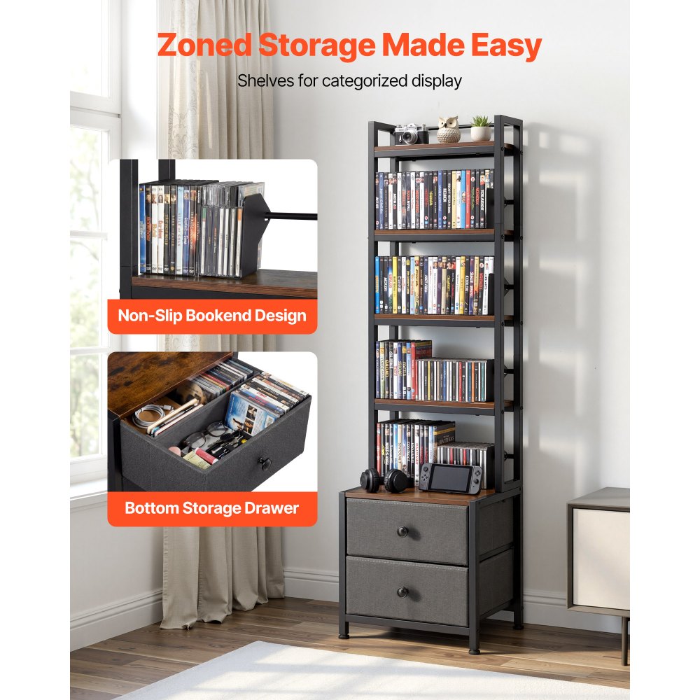 VEVOR Media Storage Cabinet, 4-Shelf DVD Shelf Organizer with Drawers, 15.75 x 11.81 x 56.50 in Multimedia Storage Organizer for CDs, DVDs, Books and Games, CD Cabinet for Living Room, Home Office