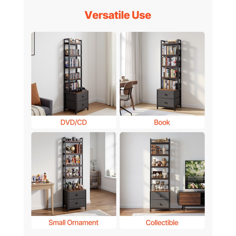 VEVOR Media Storage Cabinet, 4-Shelf DVD Shelf Organizer with Drawers, 15.75 x 11.81 x 56.50 in Multimedia Storage Organizer for CDs, DVDs, Books and Games, CD Cabinet for Living Room, Home Office