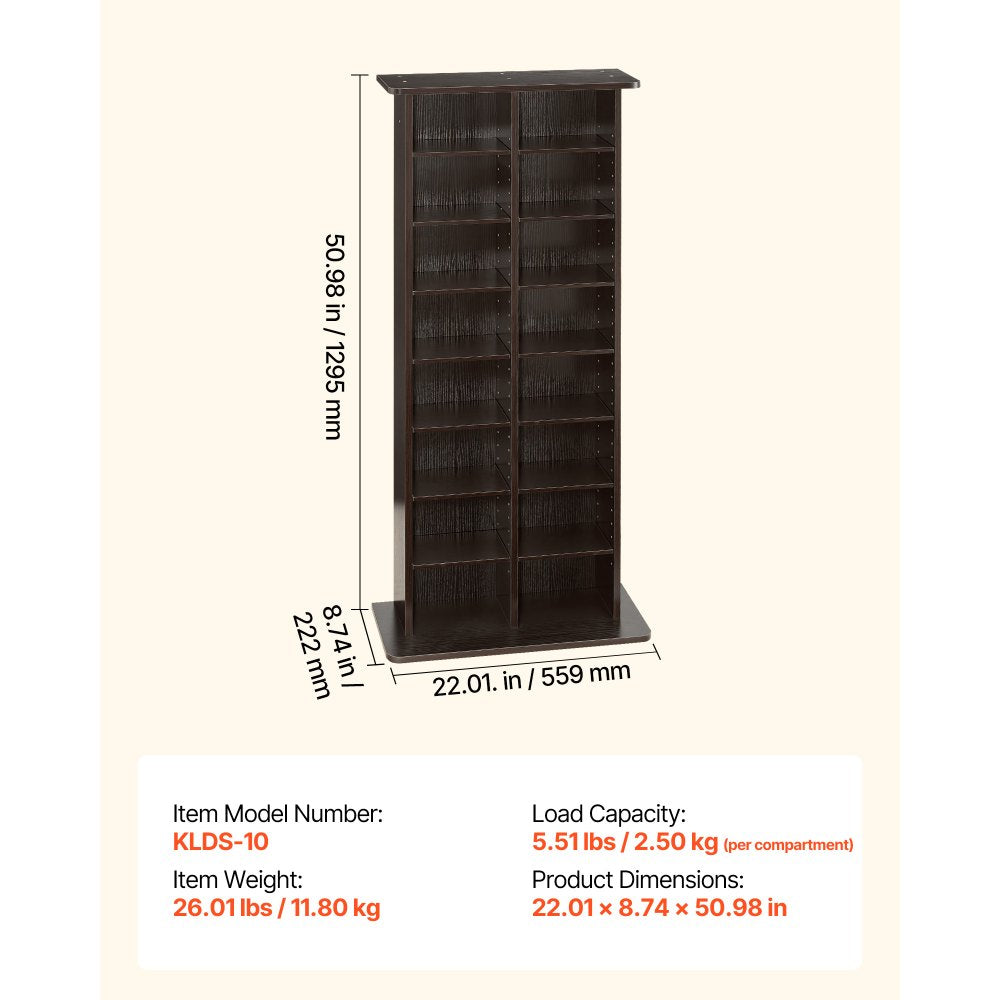 VEVOR Media Storage Cabinet, 8-Tier DVD Shelf Organizer, 22.01 x 8.74 x 50.98 in Multimedia Storage Organizer for CDs, DVDs, Books and Games, CD Shelf for Living Room, Home Office, Recording Room