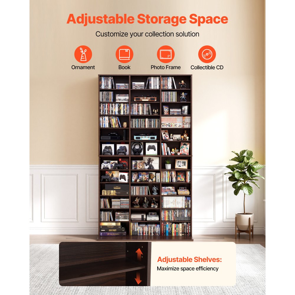 VEVOR Media Storage Cabinet, 12-Tier DVD Shelf Organizer, 40.08 x 9.09 x 71.26 in Multimedia Storage Organizer for CDs, DVDs, Books and Games, CD Shelf for Living Room, Home Office, Recording Room