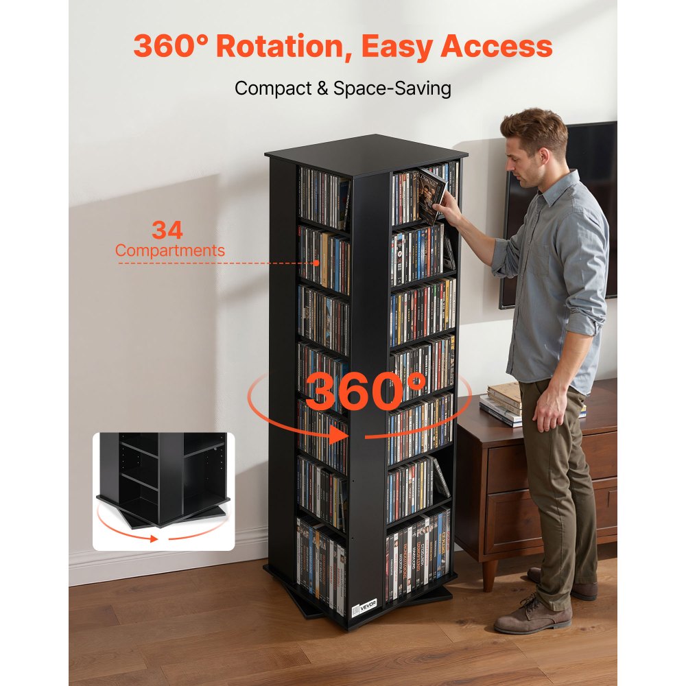 VEVOR Media Storage Cabinet, CD Rack Tower, 34 Compartments Rotating Media Tower Rack for CDs, DVDs, Books and Game Discs, DVD Stand for Living Room, Home Office and Recording Room, Black