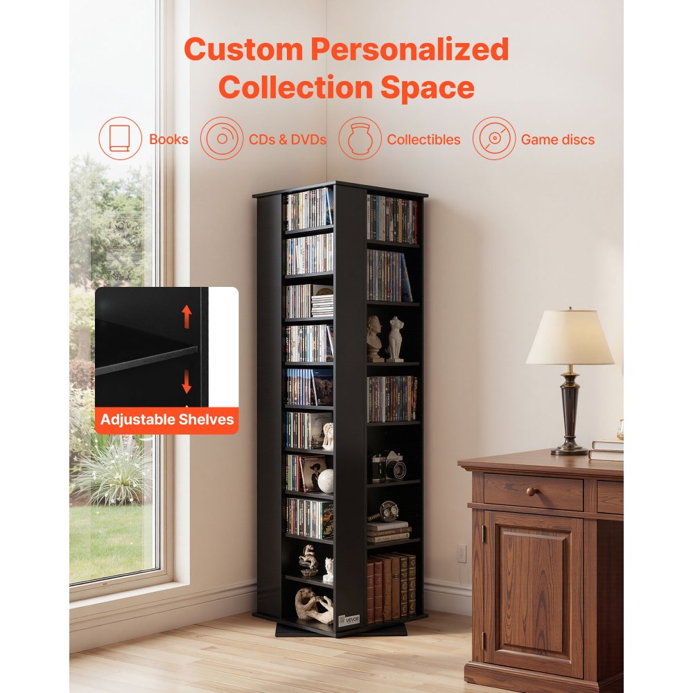 VEVOR Media Storage Cabinet, CD Rack Tower, 34 Compartments Rotating Media Tower Rack for CDs, DVDs, Books and Game Discs, DVD Stand for Living Room, Home Office and Recording Room, Black