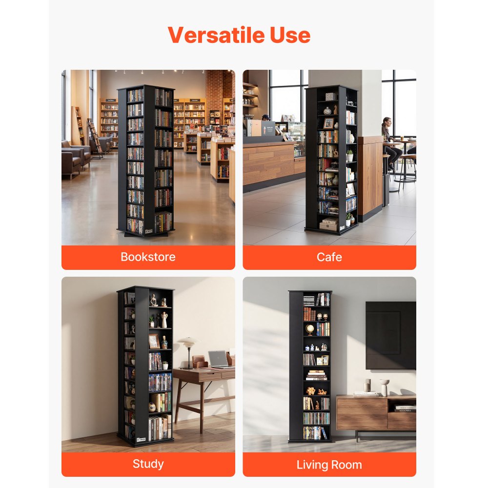 VEVOR Media Storage Cabinet, CD Rack Tower, 34 Compartments Rotating Media Tower Rack for CDs, DVDs, Books and Game Discs, DVD Stand for Living Room, Home Office and Recording Room, Black