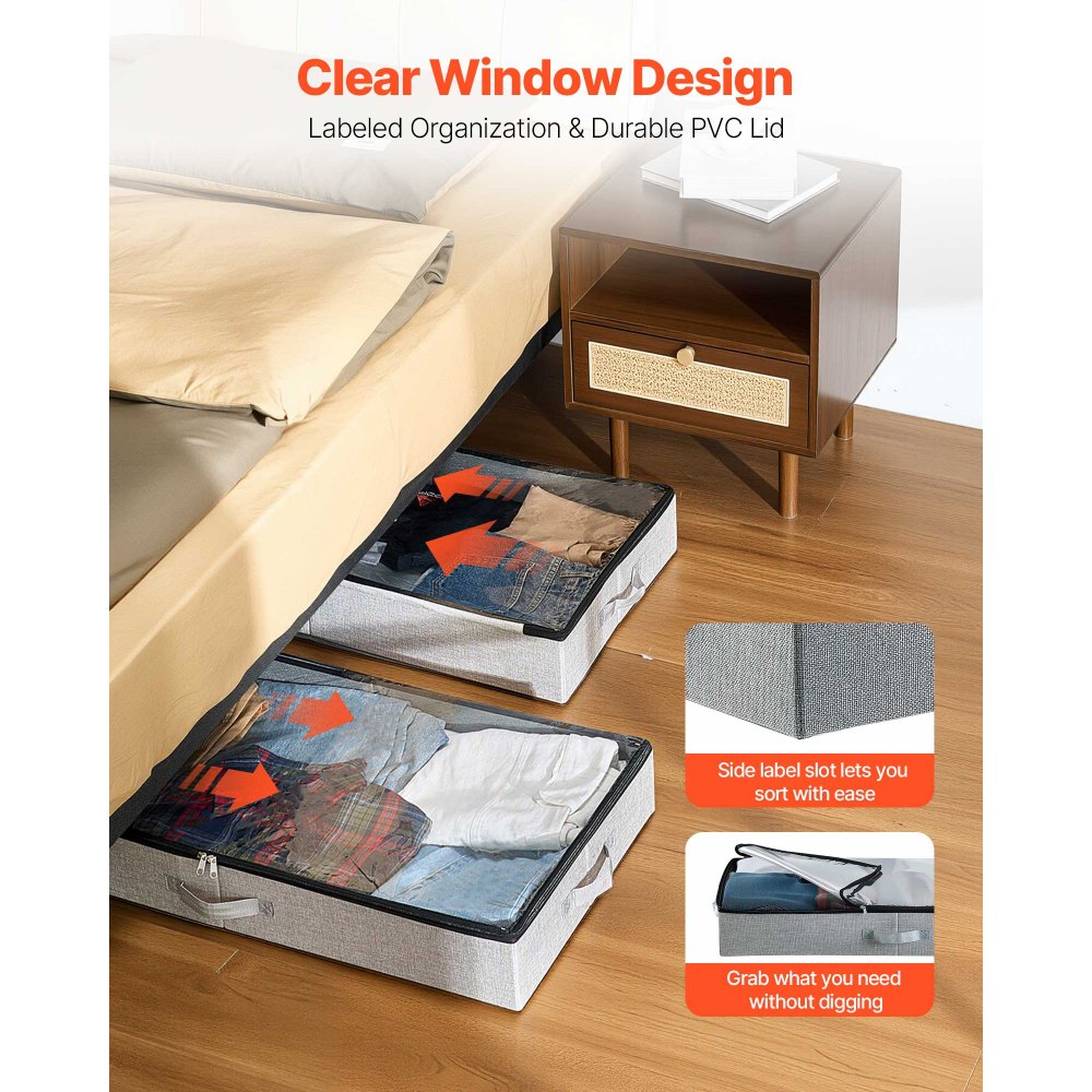 VEVOR Under Bed Storage with Clear Lids, 33.5 x 16.9 x 4.7 Inch, 45L Large Underbed Clothes Storage Containers, Low Profile Under Bed Drawer Shoe Organizer Bins Box for Blanket Shoe Bedroom, 2 Pack