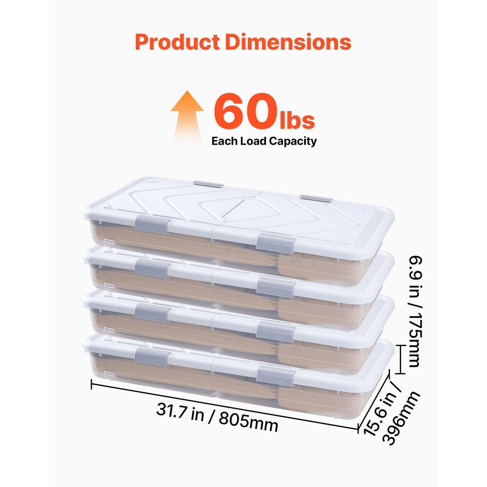 VEVOR Under Bed Storage with Wheels, 31.7 x 15.6 x 6.9 inch Underbed Containers, Underbed Shoes Organizer with Lid & Gray Latch, Rolling Under the Bed Storage Bins for Clothes Shoes Blankets, 4 Pack