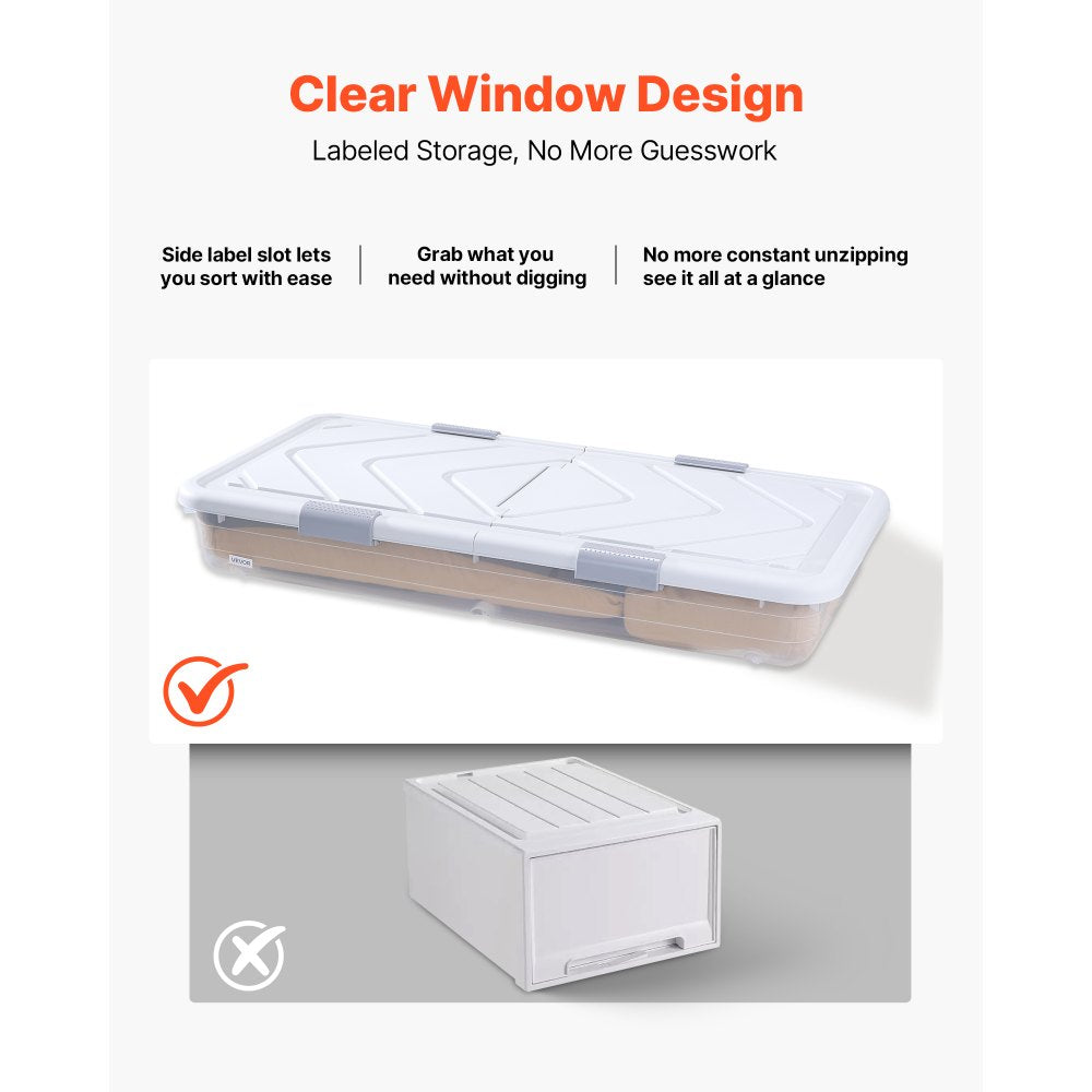 VEVOR Under Bed Storage with Wheels, 31.7 x 15.6 x 6.9 inch Underbed Containers, Underbed Shoes Organizer with Lid & Gray Latch, Rolling Under the Bed Storage Bins for Clothes Shoes Blankets, 4 Pack