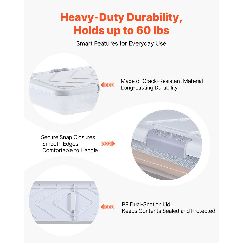 VEVOR Under Bed Storage with Wheels, 31.7 x 15.6 x 6.9 inch Underbed Containers, Underbed Shoes Organizer with Lid & Gray Latch, Rolling Under the Bed Storage Bins for Clothes Shoes Blankets, 4 Pack