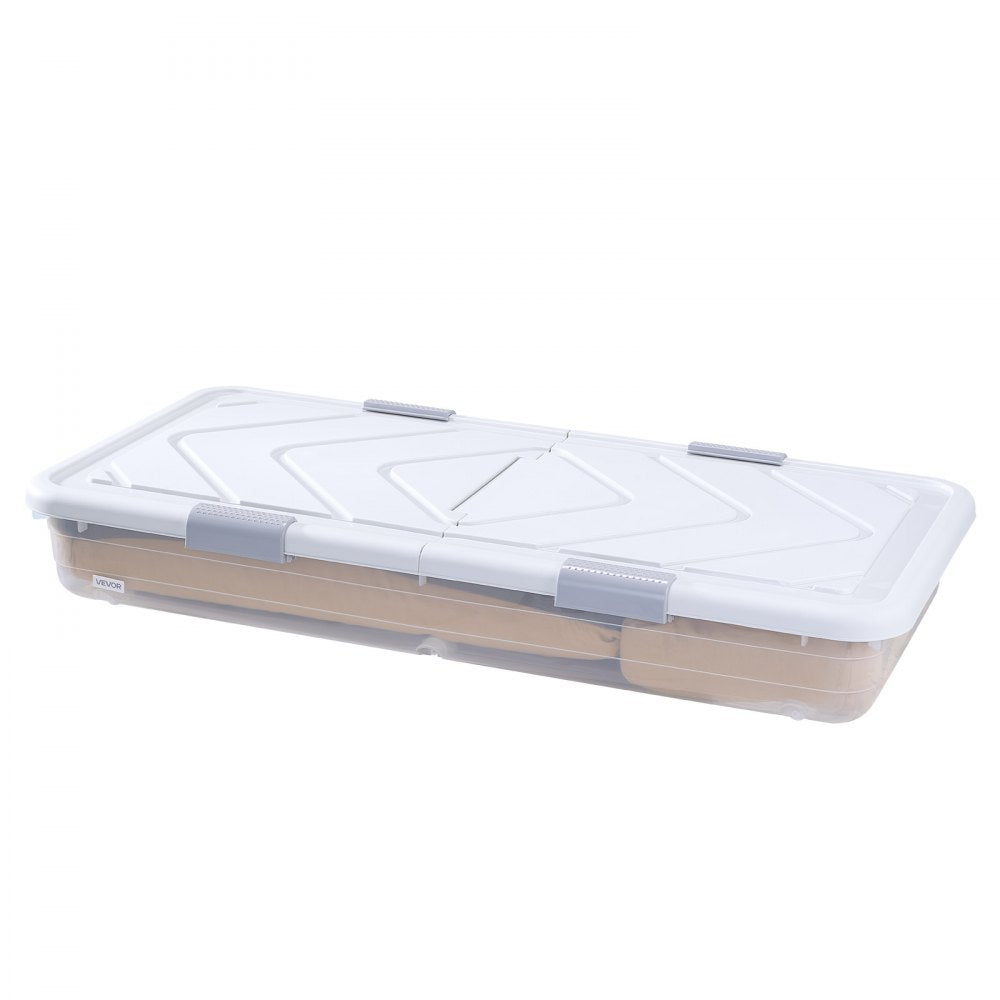 VEVOR Under Bed Storage with Wheels, 31.7 x 15.6 x 6.9 inch Underbed Containers, Underbed Shoes Organizer with Lid & Gray Latch, Rolling Under the Bed Storage Bins for Clothes Shoes Blankets, 4 Pack