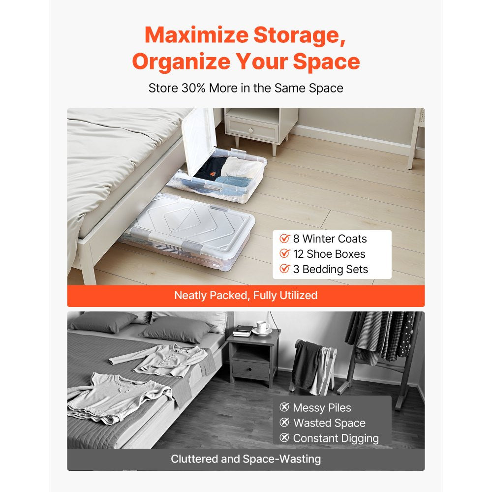 VEVOR Under Bed Storage with Wheels, 39.8 x 20.1 x 5.9 inch Underbed Containers, Underbed Shoes Organizer with Lid & Gray Latch, Rolling Under the Bed Storage Bins for Clothes Shoes Blankets, 2 Pack