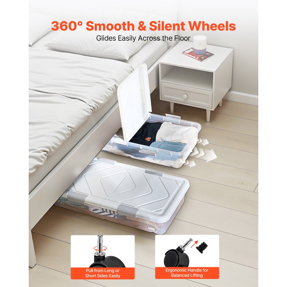 VEVOR Under Bed Storage with Wheels, 39.8 x 20.1 x 5.9 inch Underbed Containers, Underbed Shoes Organizer with Lid & Gray Latch, Rolling Under the Bed Storage Bins for Clothes Shoes Blankets, 2 Pack