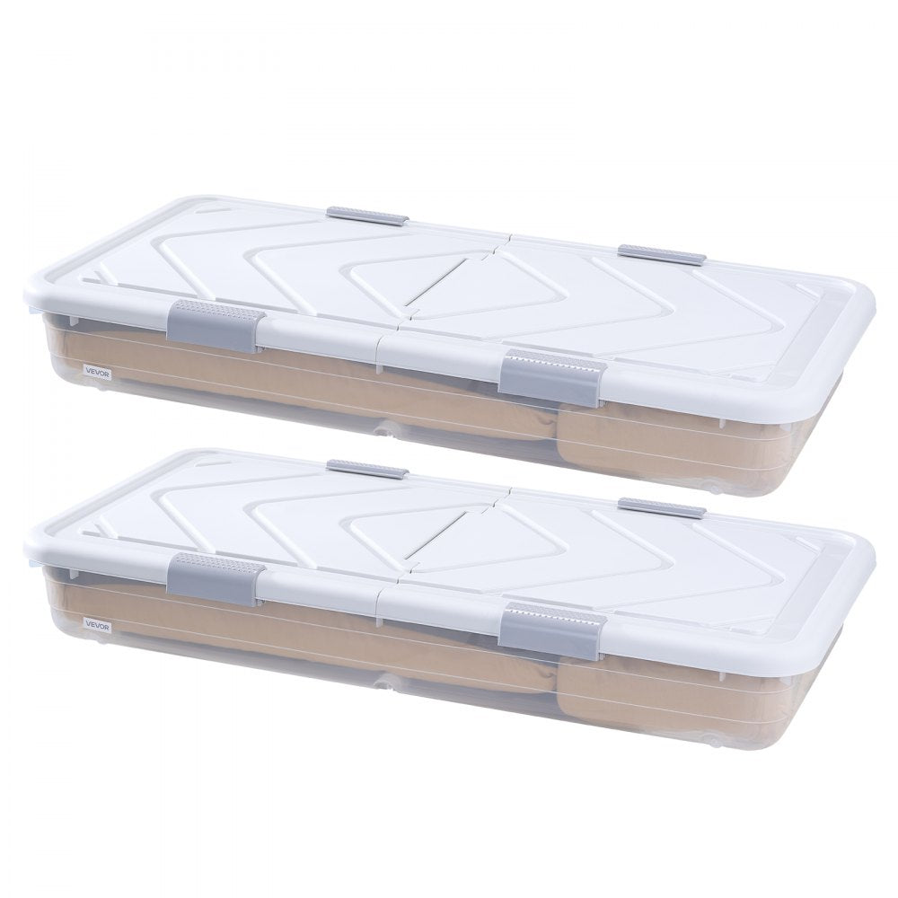 VEVOR Under Bed Storage with Wheels, 39.8 x 20.1 x 5.9 inch Underbed Containers, Underbed Shoes Organizer with Lid & Gray Latch, Rolling Under the Bed Storage Bins for Clothes Shoes Blankets, 2 Pack