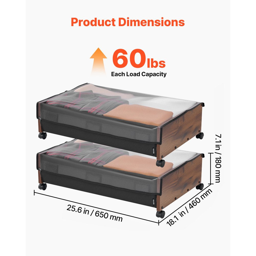 VEVOR Under Bed Storage with Wheels, 25.6 x 18.1 x 7.1 inch Underbed Containers, Underbed Shoes Organizer with Lockable Wheels, Rolling Under the Bed Storage Bins for Clothes, Shoes, Blankets, 2 Pack