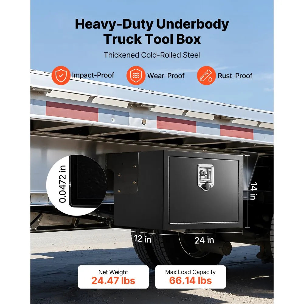VEVOR Underbody Truck Tool Box, 24 x 12 x 14 Inch Heavy Duty Steel Trailer Storage Box with Lock & Keys, Waterproof Trailer Storage Organizer Under Body Chest with T-Handle for Truck, Van, SUV, Black
