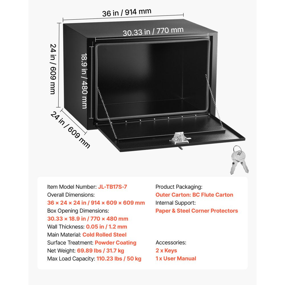 VEVOR Underbody Truck Tool Box, 36 x 24 x 24 Inch Heavy Duty Steel Trailer Storage Box with Lock & Keys, Waterproof Trailer Storage Organizer Under Body Chest with T-Handle for Truck, Van, SUV, Black