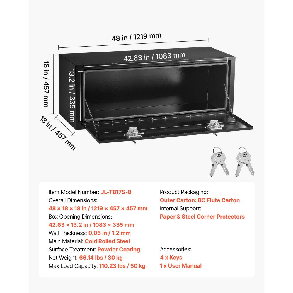 VEVOR Underbody Truck Tool Box, 48 x 18 x 18 Inch Heavy Duty Steel Trailer Storage Box with Lock & Keys, Waterproof Trailer Storage Organizer Under Body Chest with T-Handle for Truck, Van, SUV, Black