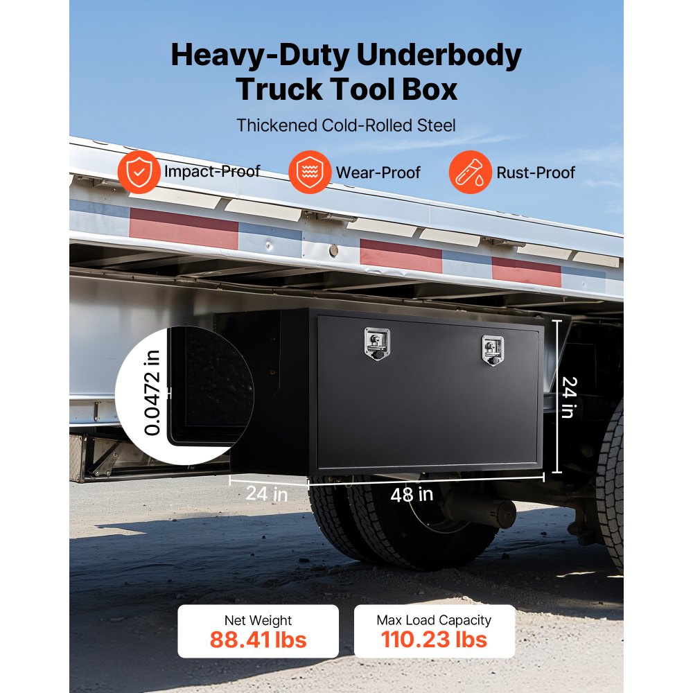 VEVOR Underbody Truck Tool Box, 48 x 24 x 24 Inch Heavy Duty Steel Trailer Storage Box with Lock & Keys, Waterproof Trailer Storage Organizer Under Body Chest with T-Handle for Truck, Van, SUV, Black