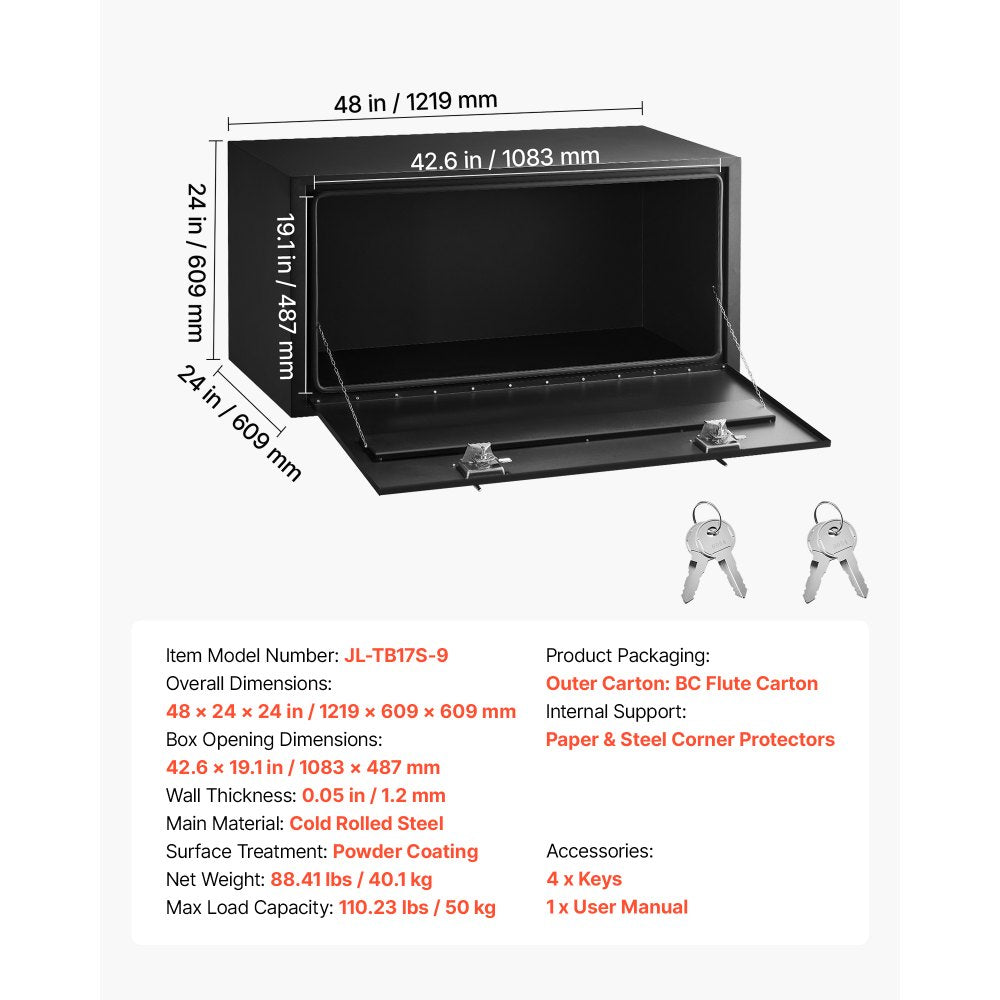 VEVOR Underbody Truck Tool Box, 48 x 24 x 24 Inch Heavy Duty Steel Trailer Storage Box with Lock & Keys, Waterproof Trailer Storage Organizer Under Body Chest with T-Handle for Truck, Van, SUV, Black