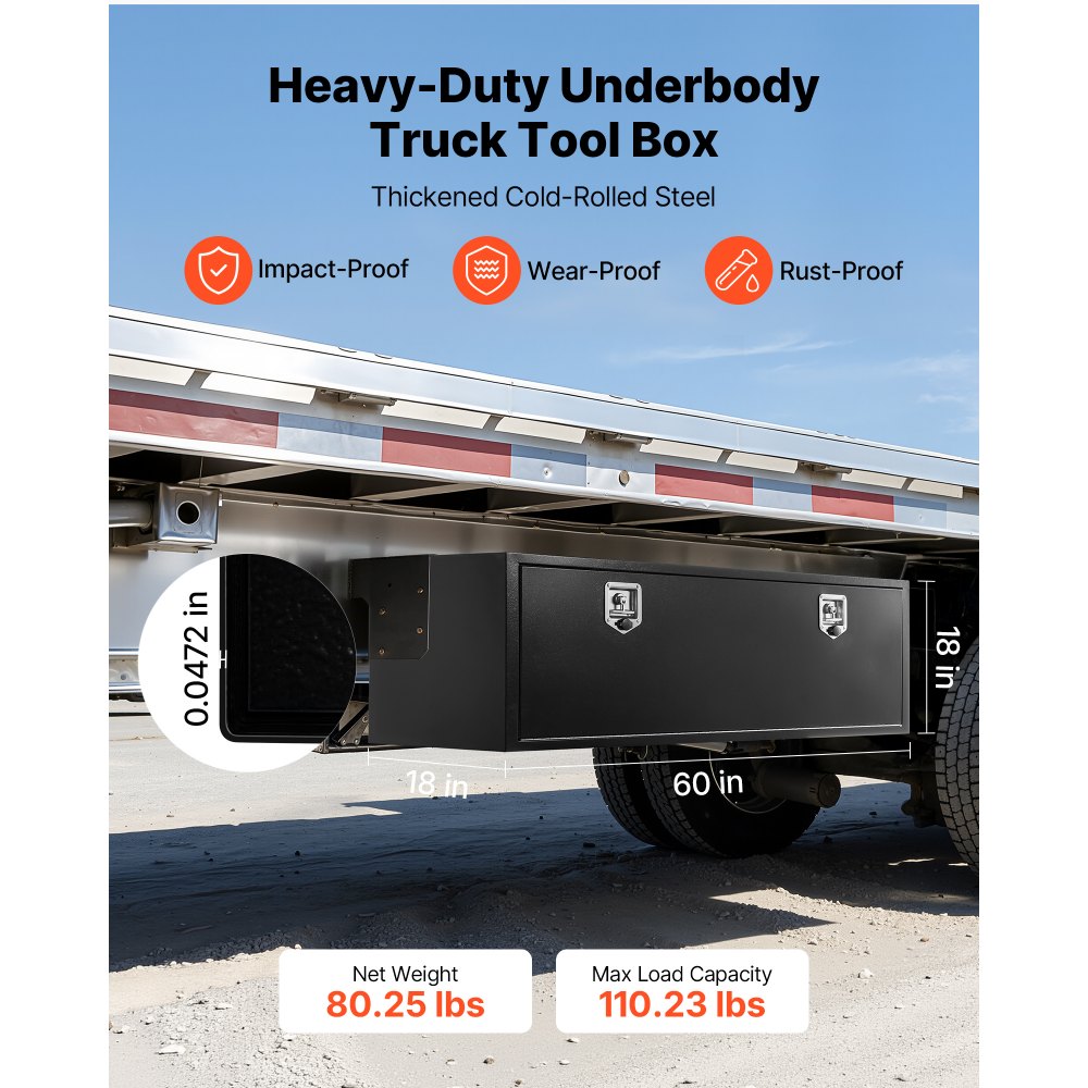 VEVOR Underbody Truck Tool Box, 60 x 18 x 18 Inch Heavy Duty Steel Trailer Storage Box with Lock & Keys, Waterproof Trailer Storage Organizer Under Body Chest with T-Handle for Truck, Van, SUV, Black