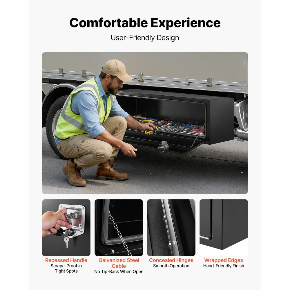 VEVOR Underbody Truck Tool Box, 60 x 18 x 18 Inch Heavy Duty Steel Trailer Storage Box with Lock & Keys, Waterproof Trailer Storage Organizer Under Body Chest with T-Handle for Truck, Van, SUV, Black