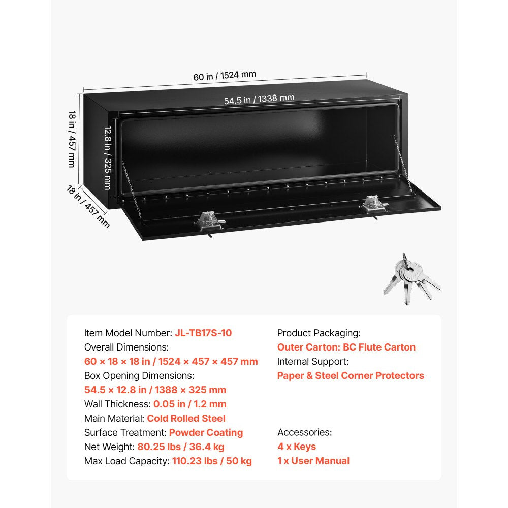 VEVOR Underbody Truck Tool Box, 60 x 18 x 18 Inch Heavy Duty Steel Trailer Storage Box with Lock & Keys, Waterproof Trailer Storage Organizer Under Body Chest with T-Handle for Truck, Van, SUV, Black