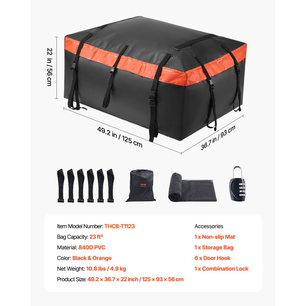 VEVOR Car Rooftop Cargo Carrier Bag, 23 Cubic Feet Roof Cargo Carrier, Heavy Duty 840D PVC 100% Waterproof Car Roof Luggage Bag for All Vehicle with/without Rack- with Lock, Anti-Slip Mat, 6 Door Hook