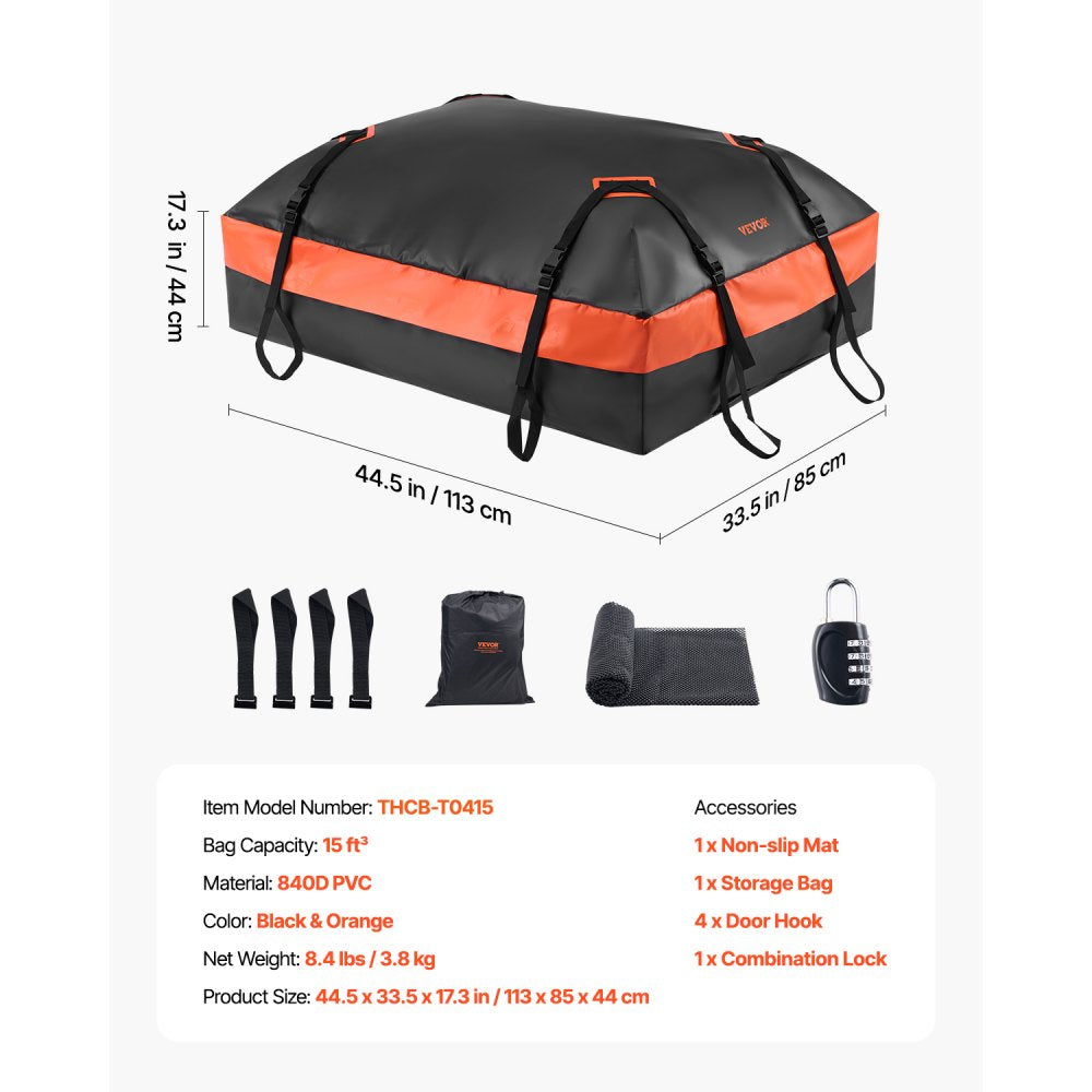 VEVOR Car Rooftop Cargo Carrier Bag, 15 Cubic Feet Car Roof Cargo Carrier, 100% Waterproof Heavy Duty 840D PVC Roof Luggage Bag for All Vehicle with/without Rack- with Lock, Non-Slip Mat, 4 Door Hooks
