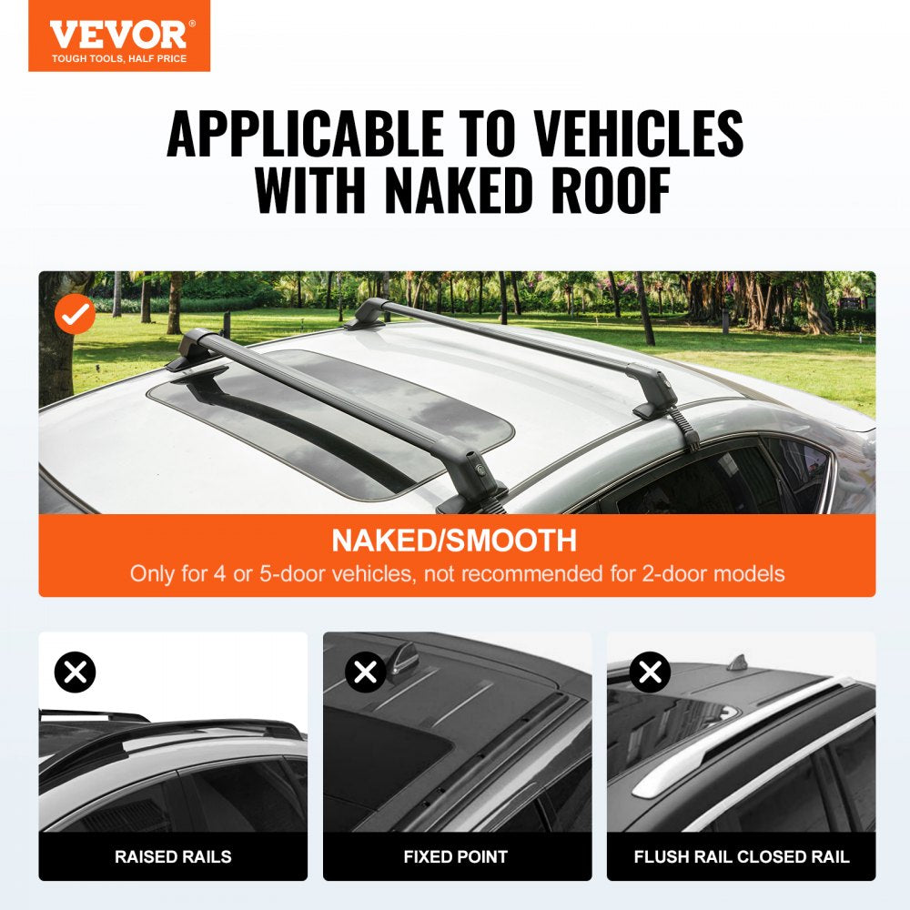 VEVOR Roof Rack Cross Bars, Aluminum Roof Rack Crossbars, Fit Roof without Side Rail, 155 lbs Load Capacity, Adjustable Bare Roof Crossbars with Locks, for SUVs, Sedans, and Vans