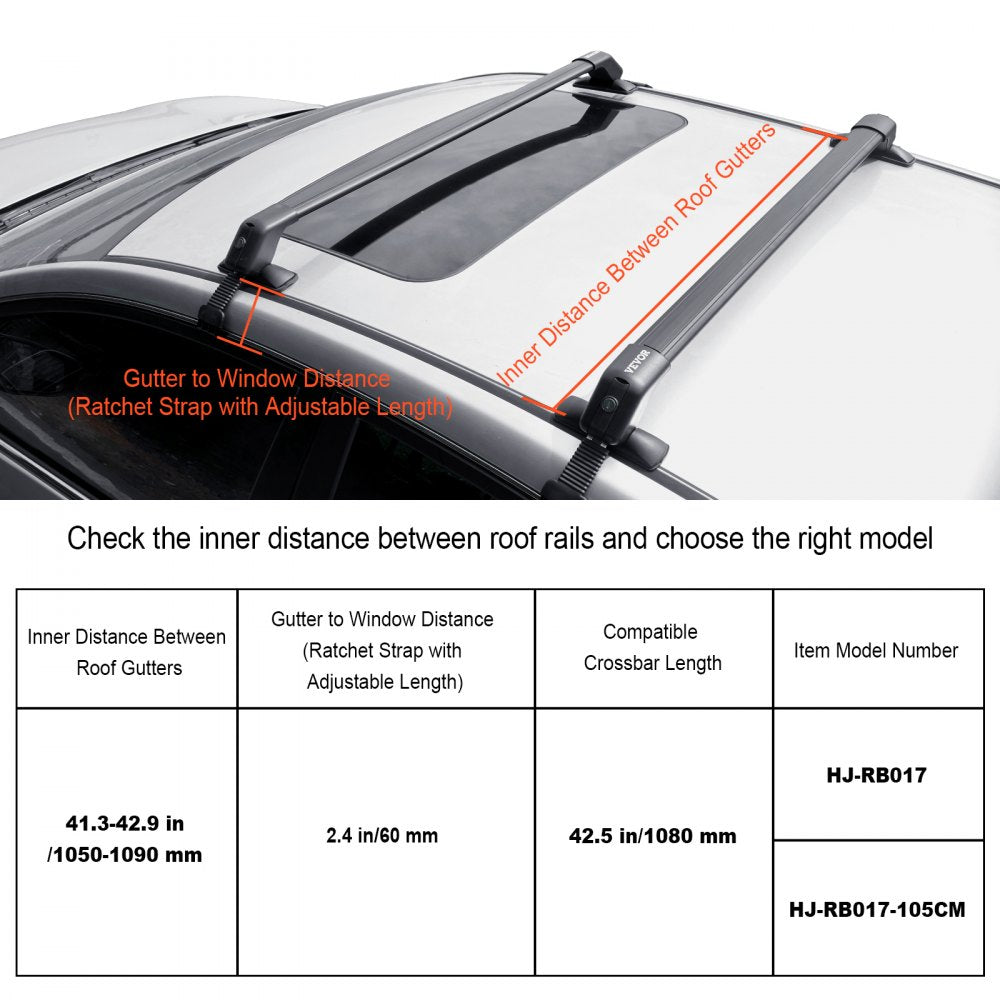 VEVOR Roof Rack Cross Bars, Aluminum Roof Rack Crossbars, Fit Roof without Side Rail, 155 lbs Load Capacity, Adjustable Bare Roof Crossbars with Locks, for SUVs, Sedans, and Vans