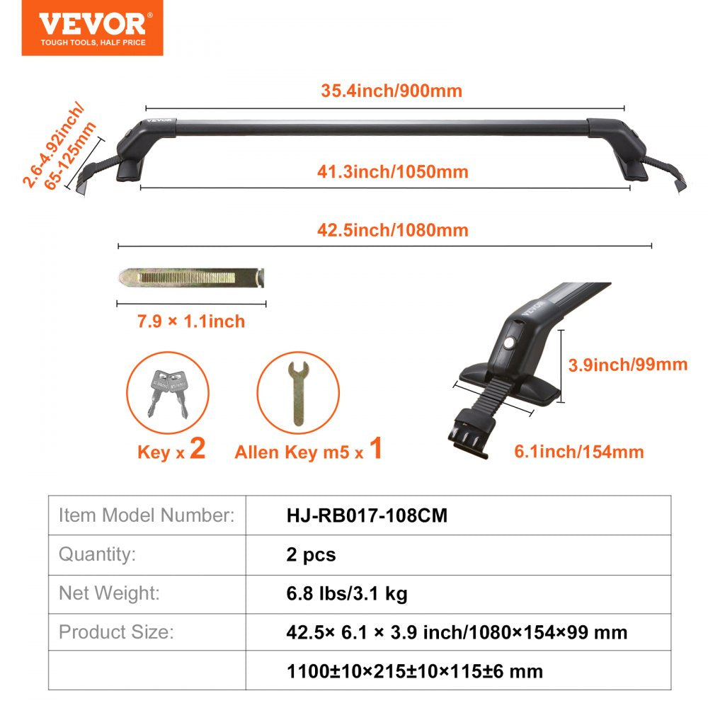 VEVOR Roof Rack Cross Bars, Aluminum Roof Rack Crossbars, Fit Roof without Side Rail, 155 lbs Load Capacity, Adjustable Bare Roof Crossbars with Locks, for SUVs, Sedans, and Vans