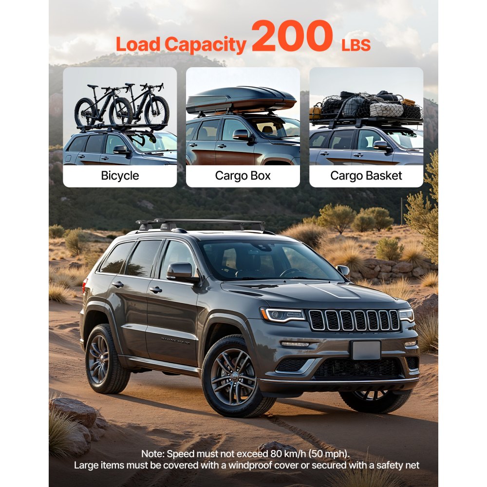 VEVOR Roof Rack Cross Bars, Fits Jeep Grand Cherokee 2011-2021 (With Grooved Side Rails), 200 LBS Capacity, Lockable Heavy Duty Aluminum Crossbar Racks Roof Rail Rooftop Luggage Canoe