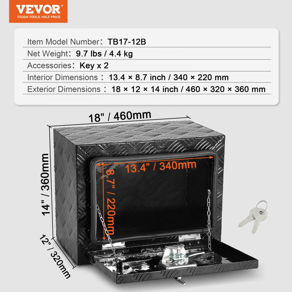VEVOR Underbody Truck Box, 18" x 12" x 14" Pickup Storage Box, Heavy Duty Aluminum Diamond Plate Tool Box with Lock and Keys, Waterproof Trailer Storage Box with T-Handle Latch for Truck, Van, Trailer