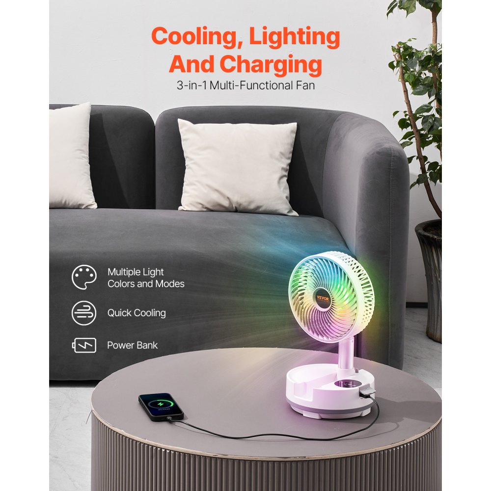 VEVOR 8 inch Portable Foldable Rechargeable Oscillating Fan, 3-in-1 Battery Operated with Remote Control, Quiet Desk/Table Pedestal Fan, 8 Speeds,90-degree Auto Left/Right Rotation,for Home,Office,Outdoor
