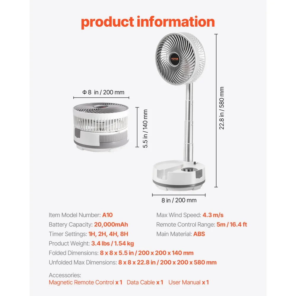 VEVOR 8 inch Portable Foldable Rechargeable Oscillating Fan, 3-in-1 Battery Operated with Remote Control, Quiet Desk/Table Pedestal Fan, 8 Speeds,90-degree Auto Left/Right Rotation,for Home,Office,Outdoor