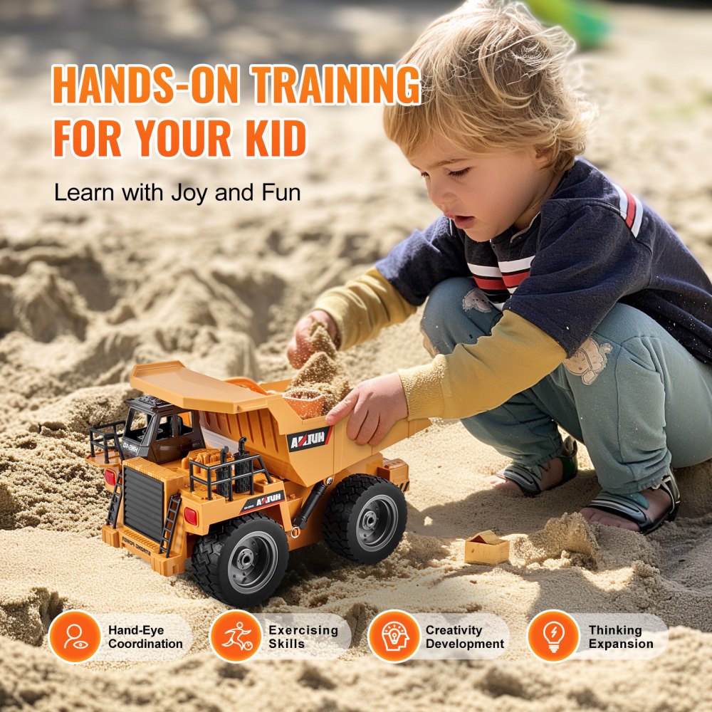 VEVOR RC Dump Truck Toy, 9-Channel 1:18 Scale, Remote Control Dump Truck RC Construction Vehicle Truck Toy with Metal Cabin & Light, 2 Rechargeable Batteries for Toddlers Kids Boys and Girls Age 8+