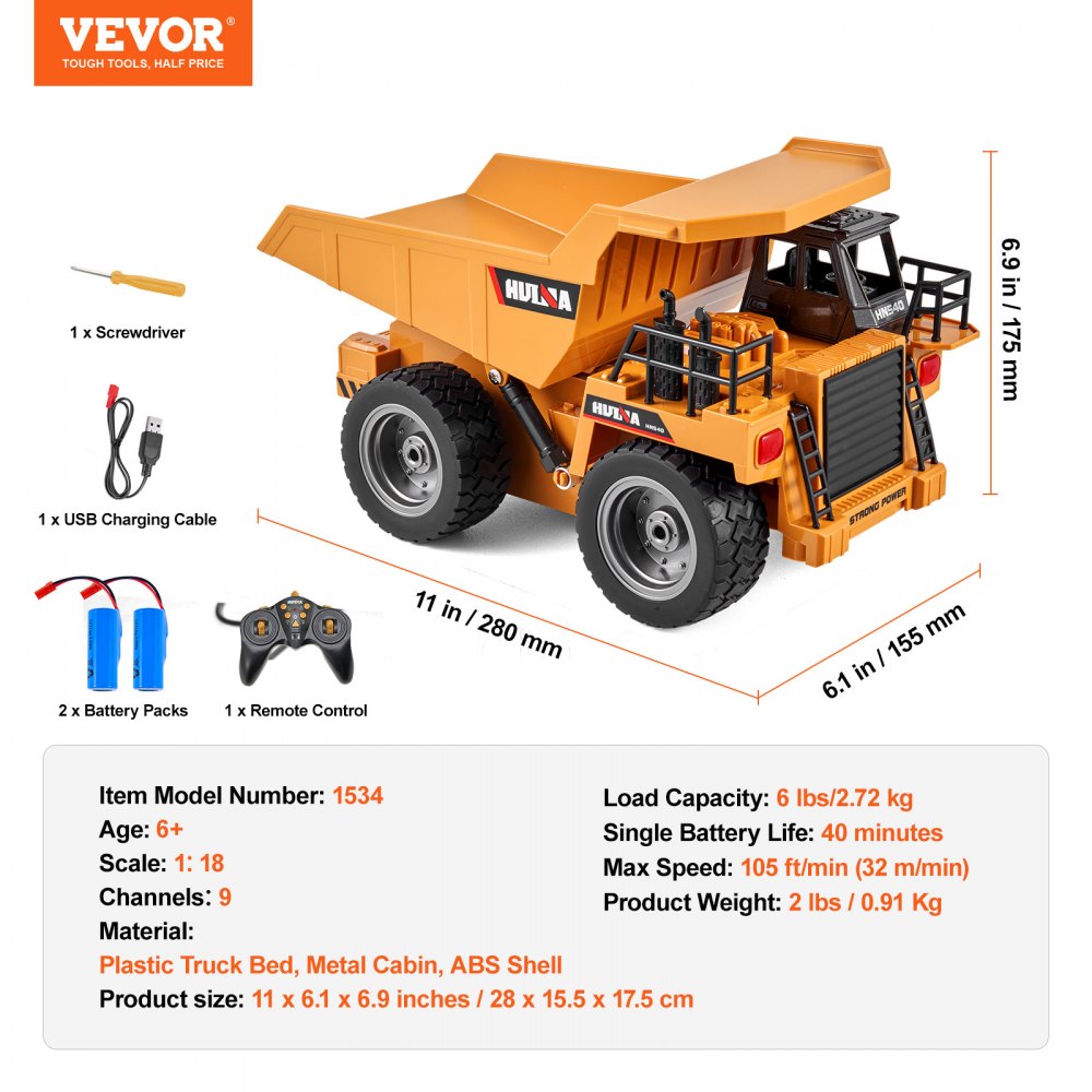 VEVOR RC Dump Truck Toy, 9-Channel 1:18 Scale, Remote Control Dump Truck RC Construction Vehicle Truck Toy with Metal Cabin & Light, 2 Rechargeable Batteries for Toddlers Kids Boys and Girls Age 8+