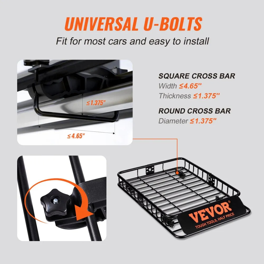 VEVOR Roof Rack Cargo Basket, 46" x 36" x 4.5" Rooftop Cargo Carrier, Heavy-duty 200 LBS Capacity Universal Roof Rack Basket, Luggage Holder for SUV, Truck, Vehicle