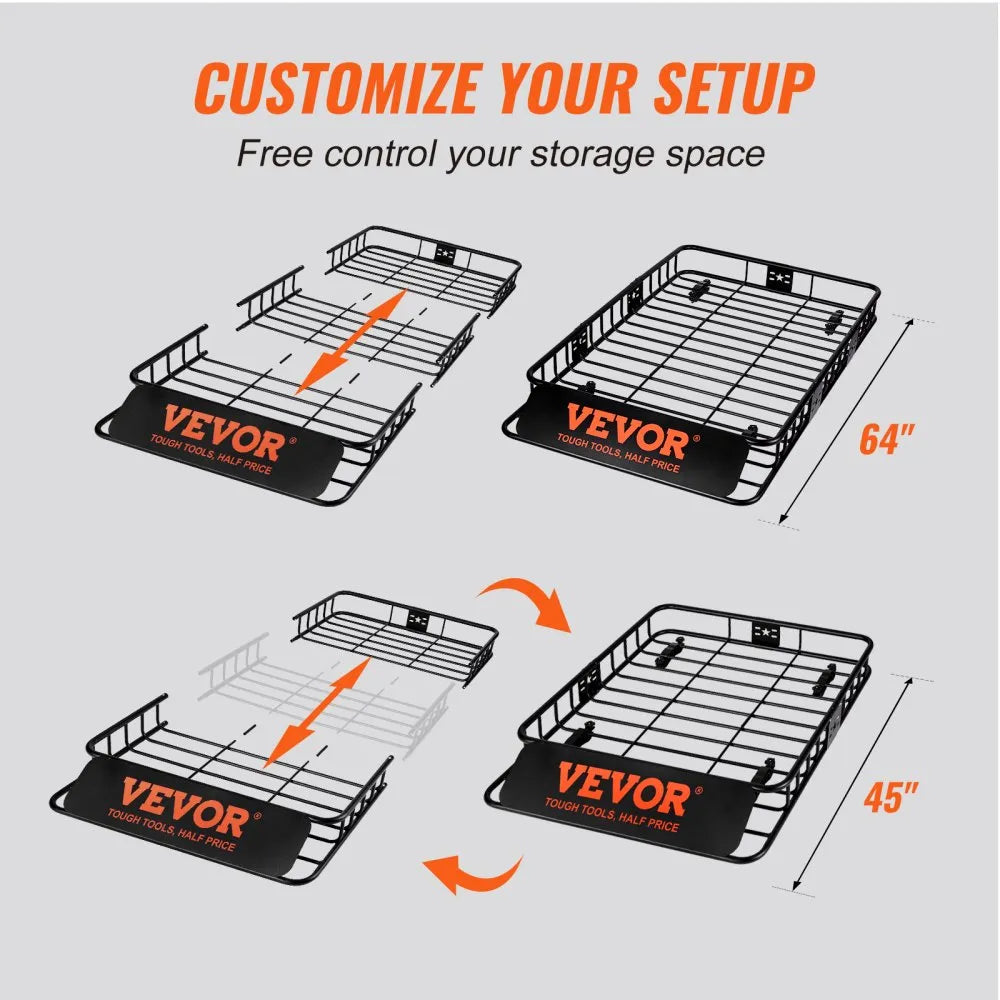VEVOR Roof Rack Cargo Basket, 64" x 39" x 6" Rooftop Cargo Carrier with Extension, Heavy-duty Steel 200 LBS Capacity Universal Roof Rack Basket, Luggage Holder for SUV, Truck