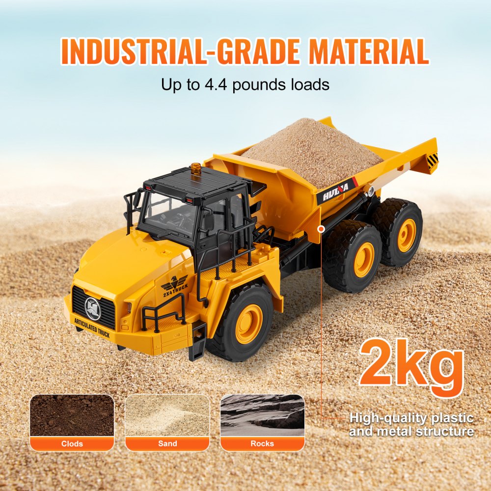 VEVOR RC Dump Truck Toy, 11-Channel 1:16 Scale, Remote Control Dump Truck RC Construction Vehicle Truck Toy with Metal Cabin & Light, 2 Rechargeable Batteries for Toddlers Kids Boys and Girls Age 8+