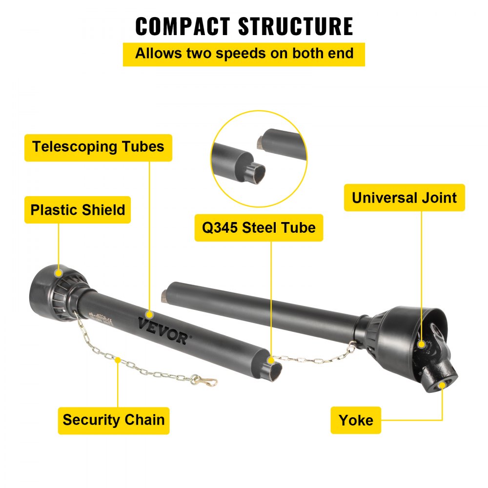VEVOR PTO Shaft 1 3/8\" PTO Drive Shaft, 6 Spline End Round End PTO Driveline Shaft, Series 4 Tractor PTO Shaft, 39\"-55\" Brush Hog PTO Shaft, Black PTO Shaft for Bush Hog/Finish Mower/Rotary Cutter