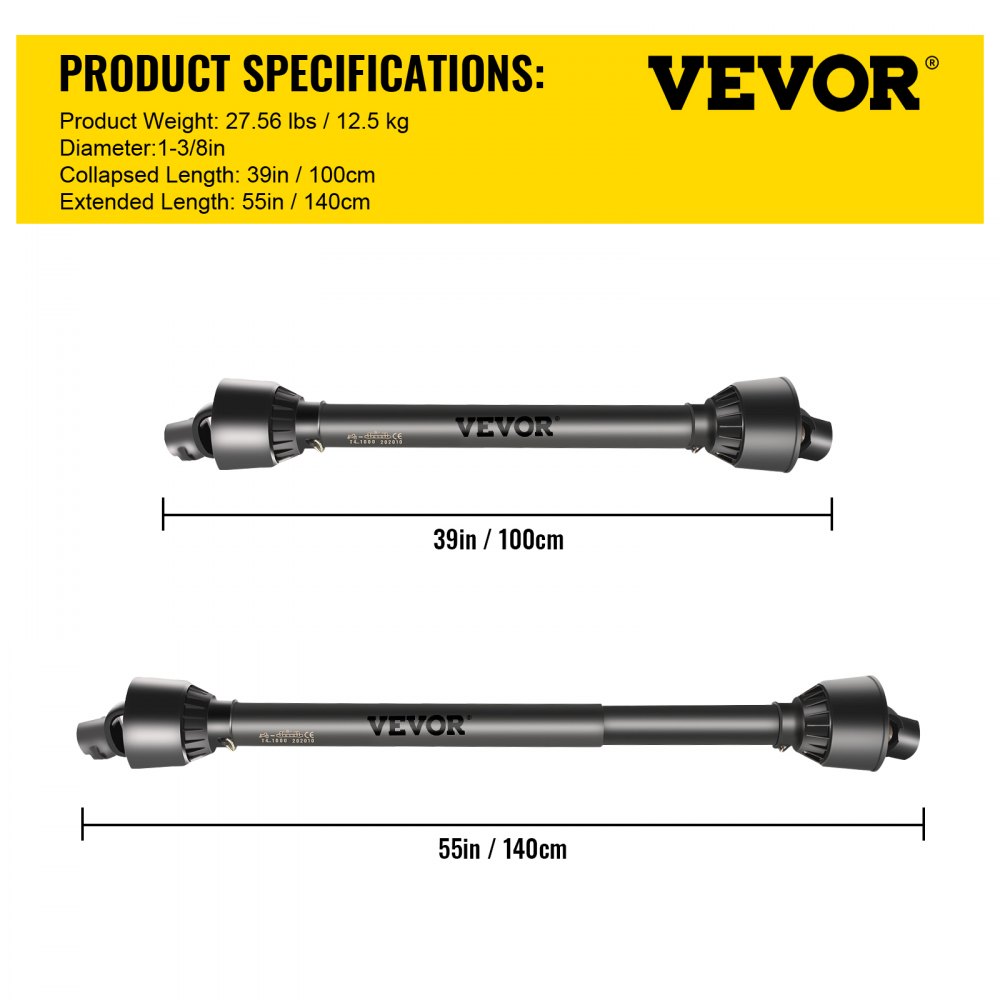 VEVOR PTO Shaft 1 3/8\" PTO Drive Shaft, 6 Spline End Round End PTO Driveline Shaft, Series 4 Tractor PTO Shaft, 39\"-55\" Brush Hog PTO Shaft, Black PTO Shaft for Bush Hog/Finish Mower/Rotary Cutter